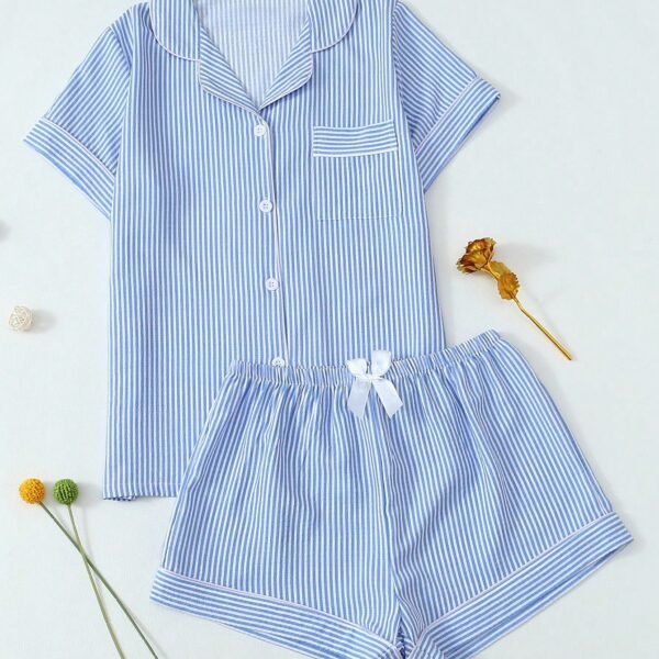 2pcs Striped Print Short Sleeve