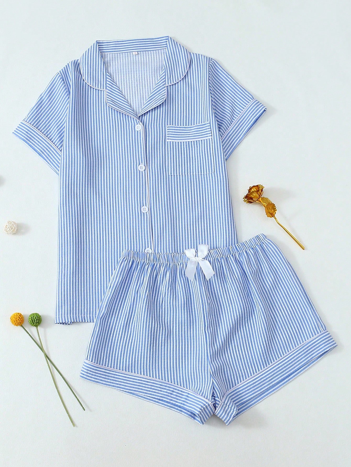 2pcs Striped Print Short Sleeve & Shorts Women Pajama Set 2pcs Striped Print Short Sleeve - Image 1