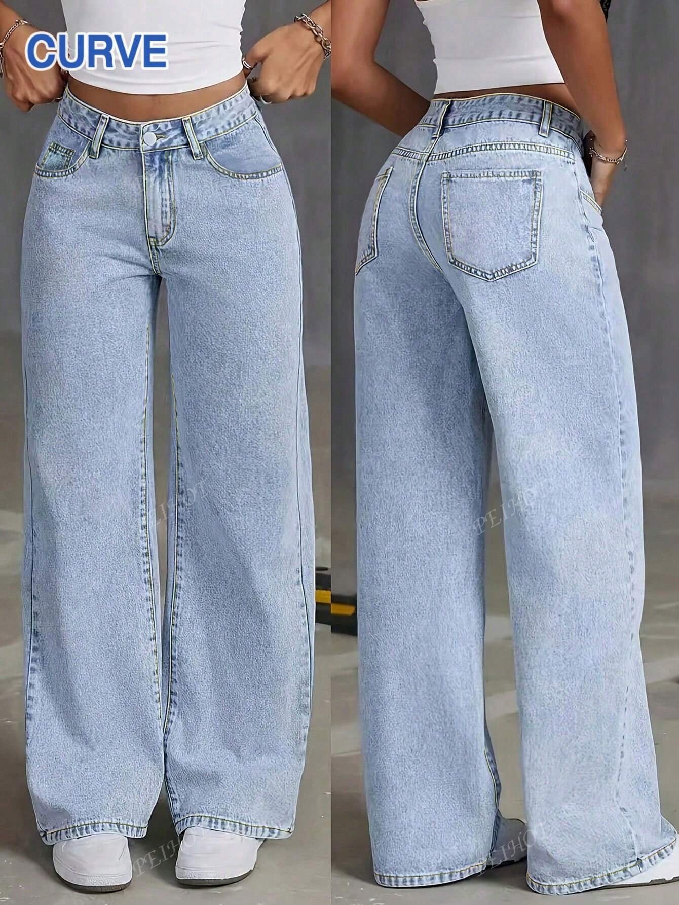 Halloween Plus Size Baby Blue Denim Pants, Autumn And Winter Women's Simple And Casual Loose Straight-Cut Washed Denim Pants Halloween Plus Size Baby Blue - Image 1