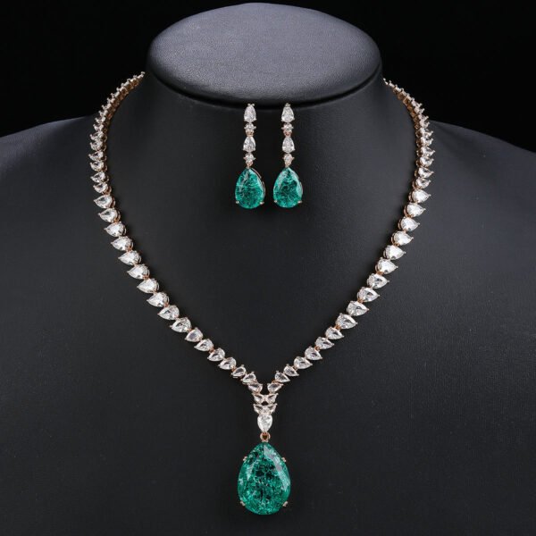 Luxury Women's Silver Necklace and Earring Set with Red and Green Zircon Wedding Jewelry Rhodium Plated