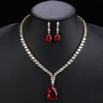 Luxury Women's Silver Necklace and Earring Set with Red and Green Zircon Wedding Jewelry Rhodium Plated - Image 3