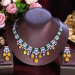 Glamorous Yellow Cubic Zirconia Dangle Water Drop Wedding Party Bridal Necklace Pageant Jewelry Sets for Women