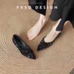 Pointed Toe Flat Shoes, Shallow Mouth, Summer Fairy Style, New Loafers with Sequins, Slip-On 2024 Korean Version