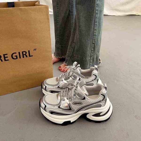 Thick Sole Platform Silver Dad Sneakers for Women 2026 Spring Summer Trendy Casual Sports Shoes