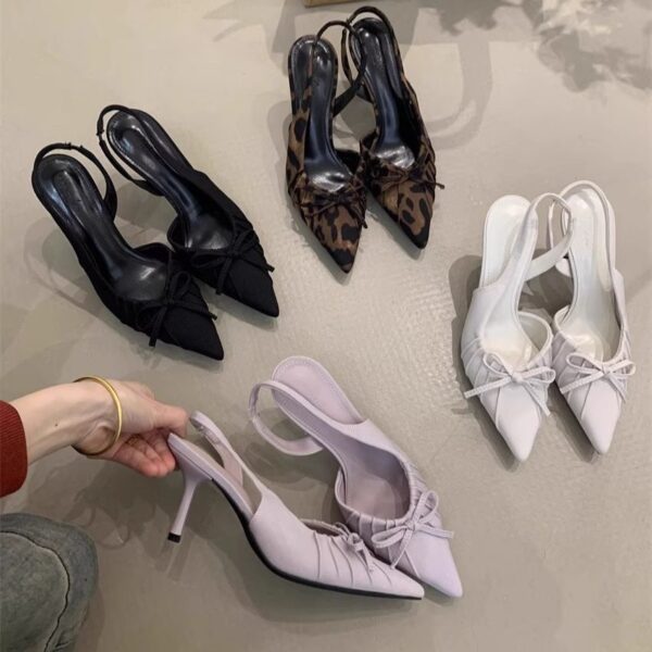 2025 Summer New Fashion Pointed Toe Bow Women's Heeled Sandals with Back Strap