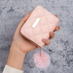 Women's Short Wallet 2024 New Diamond Quilted Embroidery Metal Plate with Pom Pom Coin Purse Card Holder Casual Mini Bag