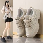 Korean Style Leather Low-top Dad Sneakers Women 2024 Autumn New Breathable Student Sports Heightening Casual 8821