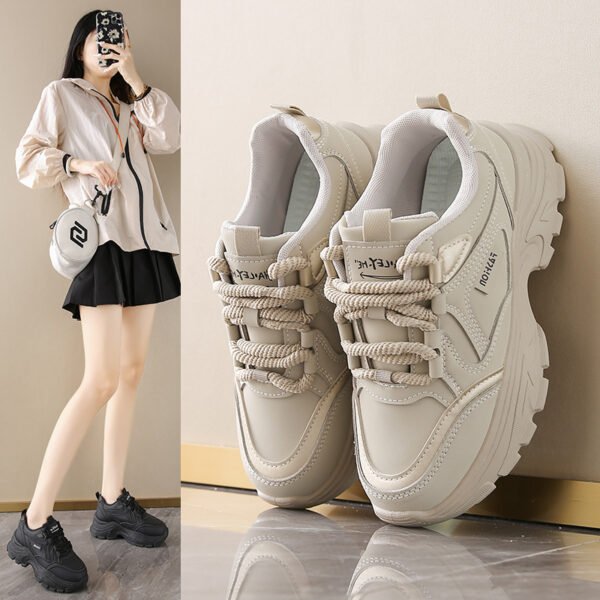 Korean Style Leather Low-top Dad Sneakers Women 2024 Autumn New Breathable Student Sports Heightening Casual 8821