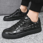 Men's Casual Shoes All-Match Trendy Sports Shoes Crocodile Leather Patent Leather Pure Black Office Board Shoes - Image 3
