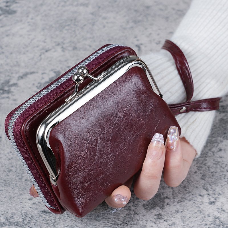 O1CN01J7VyLG2NfvvZRGDLK_2209400949991-0-cib.jpg Vintage PU Leather Coin Purse with Zipper and Buckle, 4-Inch Handbag - Image 1