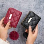 Women's Short Wallet 2024 New Diamond Quilted Embroidery Metal Plate with Pom Pom Coin Purse Card Holder Casual Mini Bag - Image 4