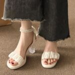 New Summer Pearl Strap High Heel Sandals for Women 2024 French Style Versatile Dress Sandals Evening Casual Shoes - Image 3