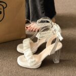 New Summer Pearl Strap High Heel Sandals for Women 2024 French Style Versatile Dress Sandals Evening Casual Shoes - Image 2