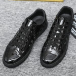 Men's Casual Shoes All-Match Trendy Sports Shoes Crocodile Leather Patent Leather Pure Black Office Board Shoes