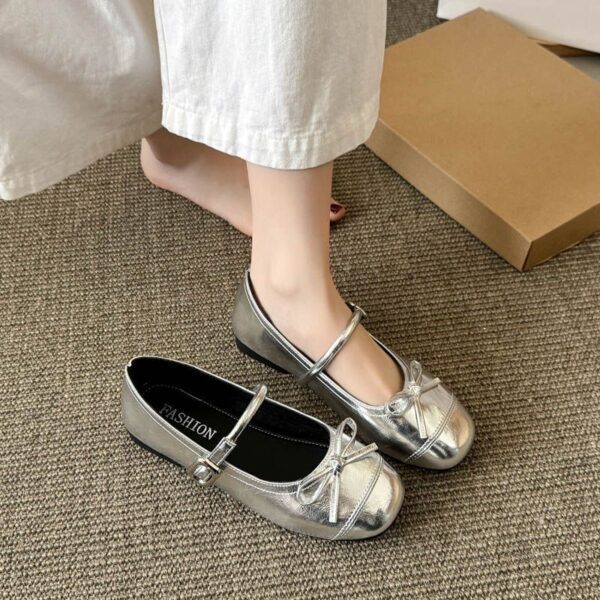 French Style Silver Ballet Mary Jane Flat Shoes for Women