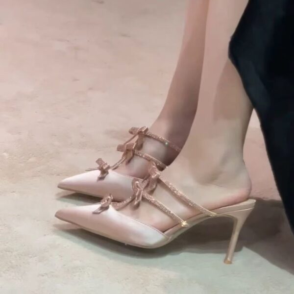 Bow Knot Mules Rhinestone Champagne Color Strap Sandals High Heels Women Silk Pointed Toe