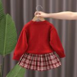 Girls Knitwear Set 2024 Autumn Winter Christmas Baby Knitted Sweater Skirt Suit Two-Piece Set Red Cardigan - Image 2