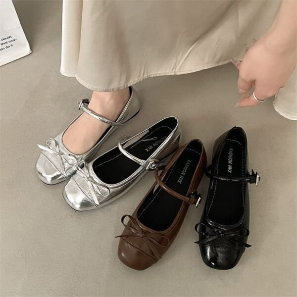 French Bow Mary Jane Shoes Spring Flat Shallow Silver Ballet Shoes