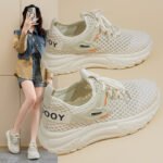 Women's Summer Breathable Hollow Mesh Shoes Korean Style Thick Sole Fly Knit Casual Sneakers