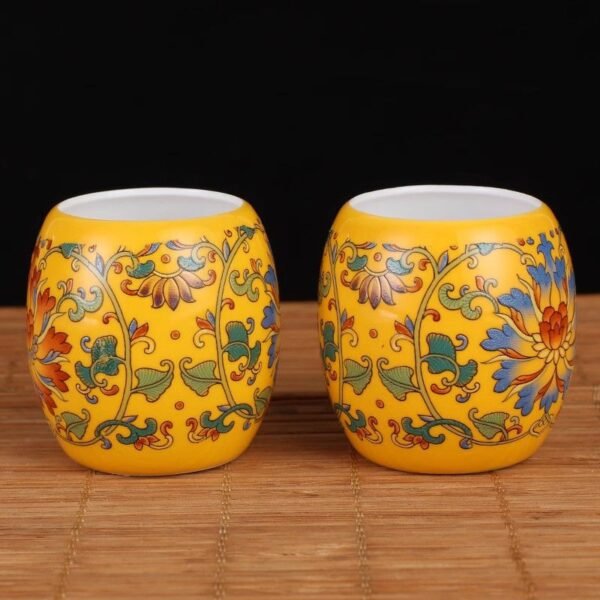 High White Yellow Base Waist Drum Antique Carving Bare Cup (No Handle