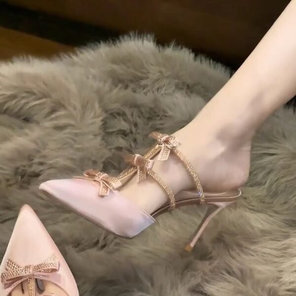 Bow Rhinestone-Free Satin Pointed-Toe Slingback Heels for Women, Champagne 9cm Stiletto Heels