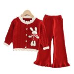 Girls Sweater Set 2024 Autumn Winter Knitted Jacket Cartoon Rabbit Girls Coat Pants Two-Piece Set Flared Pants - Image 5