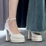 European Style Ladies Chunky Heel Pumps 2025 Spring Autumn Patent Leather Platform Strap Shallow Mouth Ultra High Heels