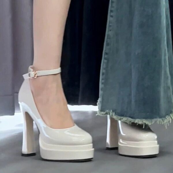 European Style Ladies Chunky Heel Pumps 2025 Spring Autumn Patent Leather Platform Strap Shallow Mouth Ultra High Heels
