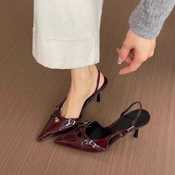 Vintage Pointed Toe Backless Stiletto Heels 2024 Spring/Summer New One-Strap Buckle High Heel Shallow Mouth Women's Shoes Chanel Style