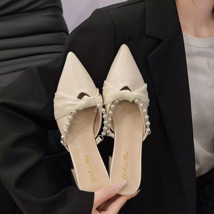 O1CN01yTwyNP1yZeOZrVtsc_2220360336593-0-cib.jpg Anti-Slip Wear-Resistant Pearl Chunky Heel Half Slippers Women's Pointed Toe Covered Toe Slippers Gentle Style 2026 Summer - Image 1