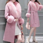 Women's Fur-Collar Wool Blend Coat with Belt