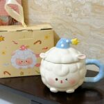 Ceramic Mug with Lid - Cute Cartoon Sheep Design, 350ml, Gift Option - Image 4
