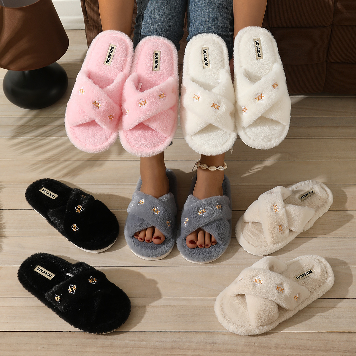 O1CN012PHSUL1lVRmLumnvd_2208325684824-0-cib.jpg Rhinestone Faux Fur Cross-Strap Slippers - Image 1