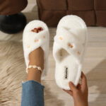 Rhinestone Faux Fur Cross-Strap Slippers - Image 2